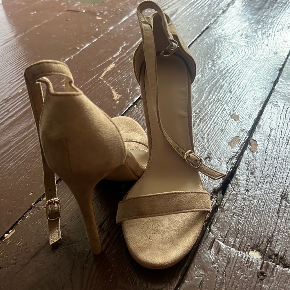 Tan suede heels with ankle strap